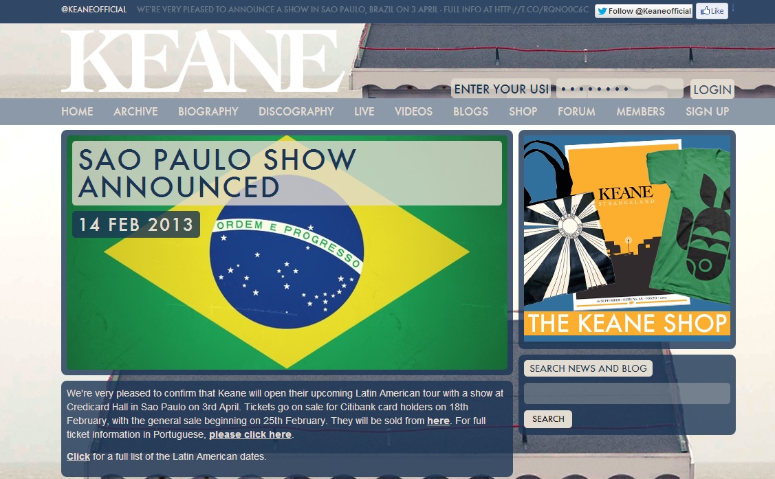 Keane se apresentará em São Paulo no dia 3 de abril