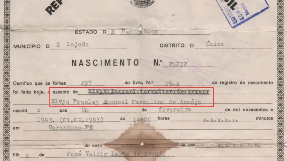 Elvis Presley Pernambucano - certidão